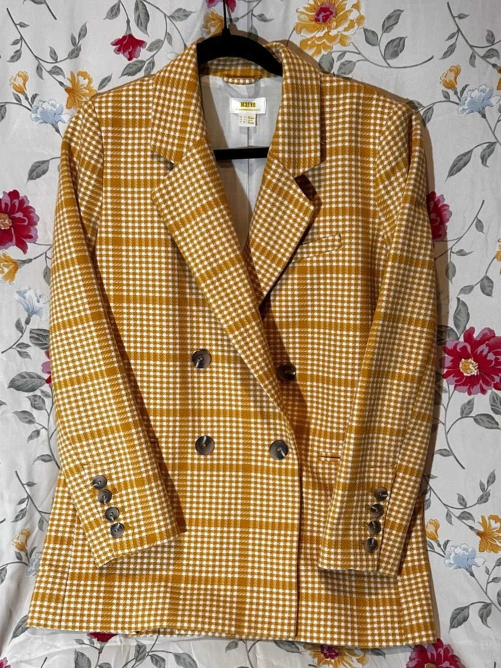 MAEVE BY ANTHROPOLOGIE MUSTARD YELLOW PLAID DOUBLE-BREASTED BLAZER & TROUSER SET - Picture 2 of 9